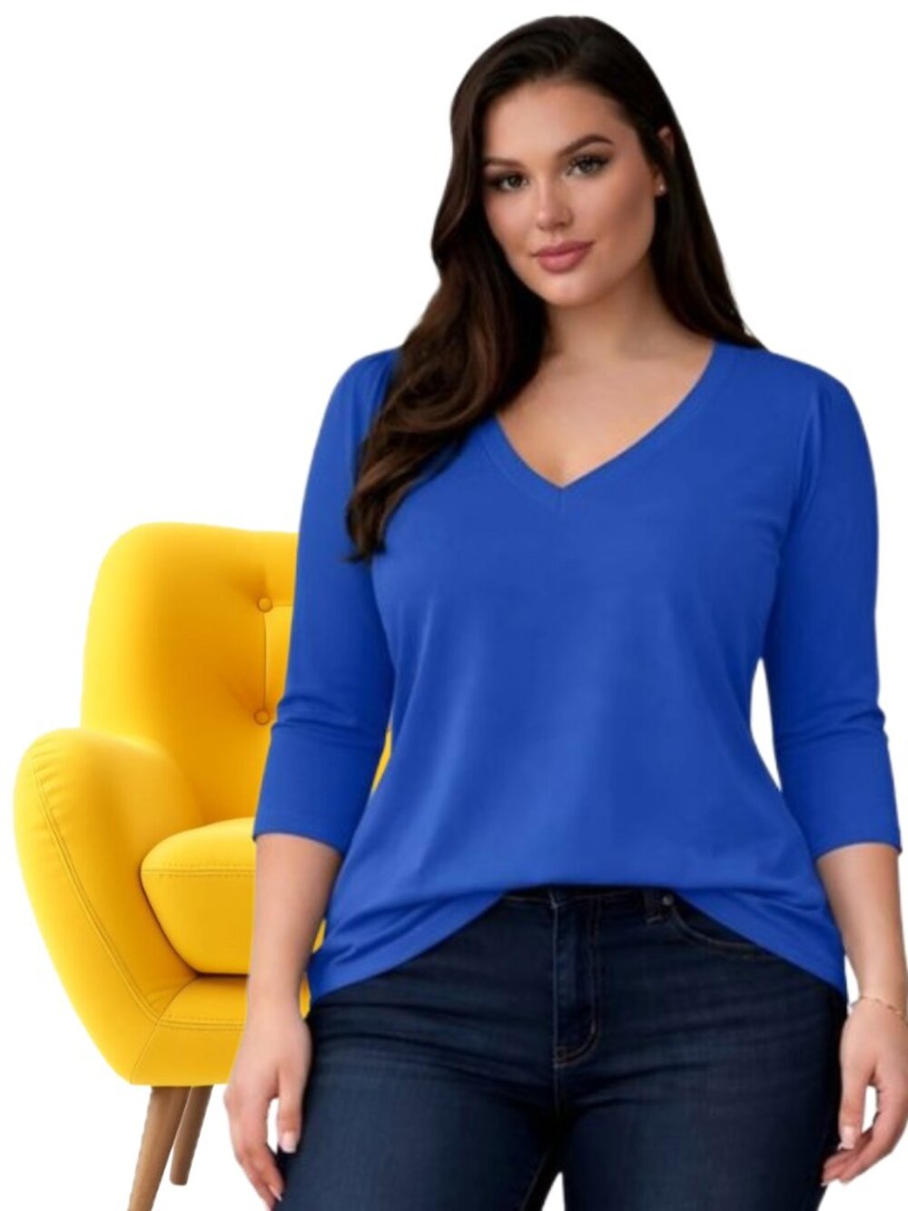 Women’s 3/4 Sleeve V Neck Tops Loose Fit T Shirt, BLUE, Size SMALL
